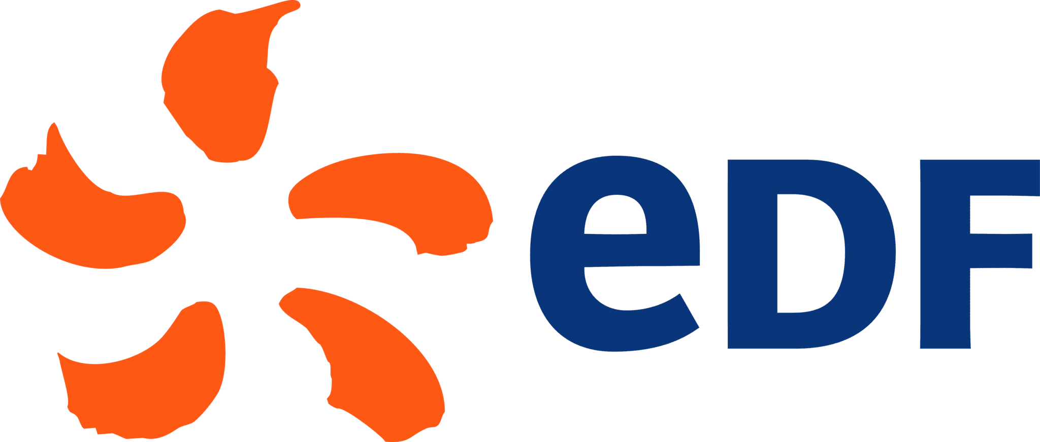 The Electicite De France logo has five orange blobs positioned in a circle to look like a sunburst. The letters e D and F appear to the right of the burst.
