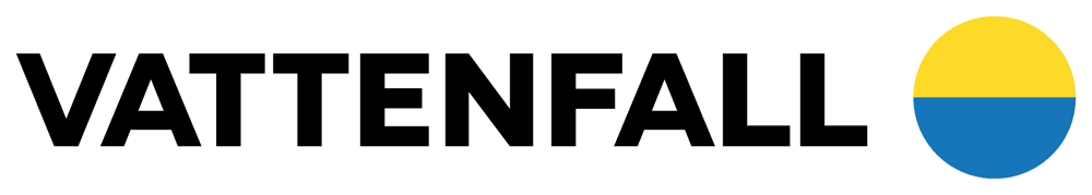 This is the Vattenfall logo. It is made up of the Vattenfall name in upper case black text and mark that comprises a yellow semicircle above a blue semicircle.