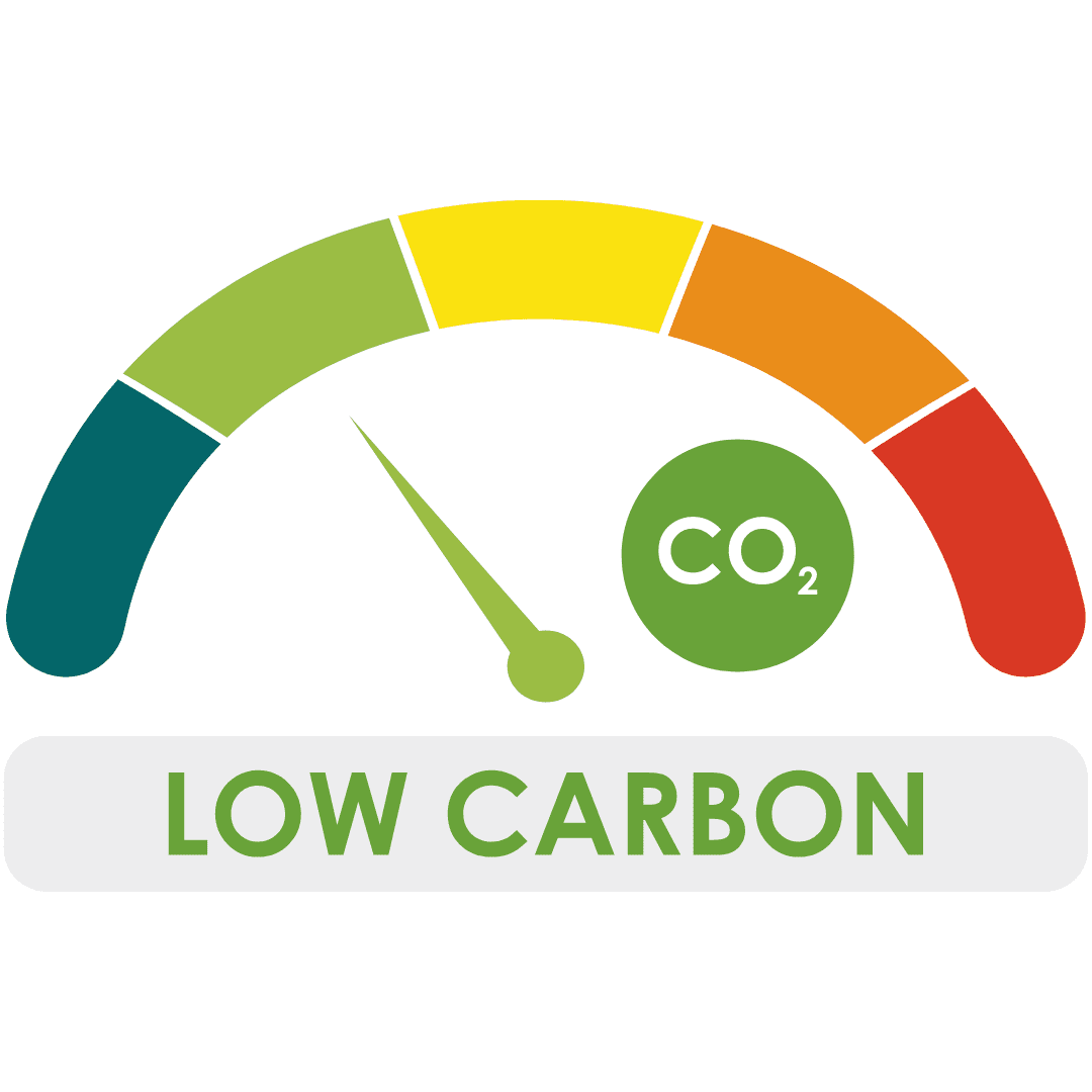 A carbon gauge that ranges from red to the right and dark green the left with orange yellow and light green in-between. The indicator is on light green showing progress towards a low carbon journey.