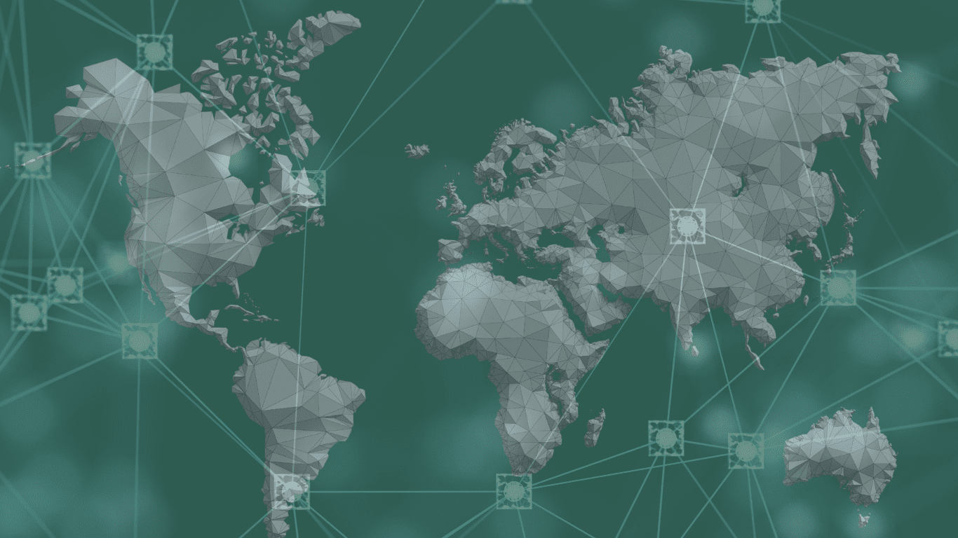 A world map on a dark green background and a an overlay of interconnected line to demonstrate a global supply chain.