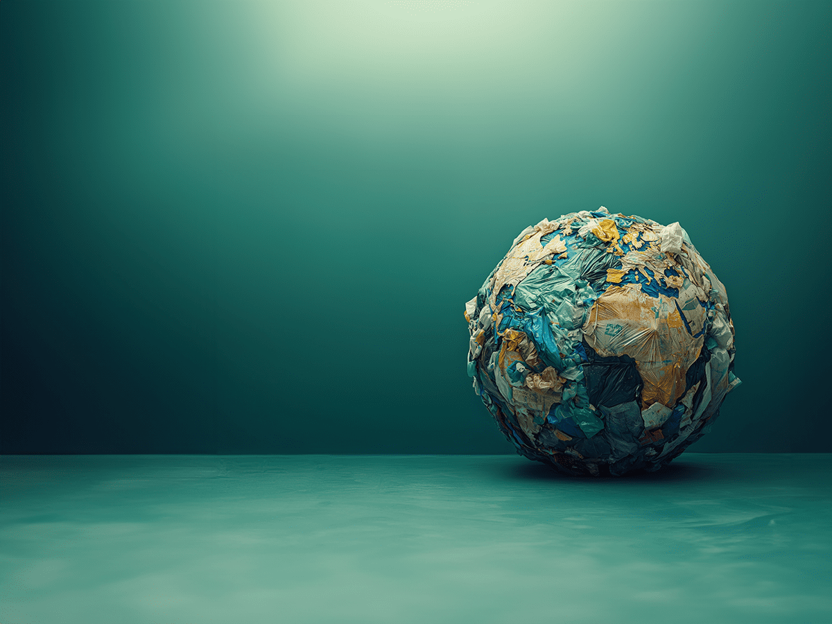 A globe made from waste items suhc as plastic bags - on a large plain teal background - representing global sustainable supply chains