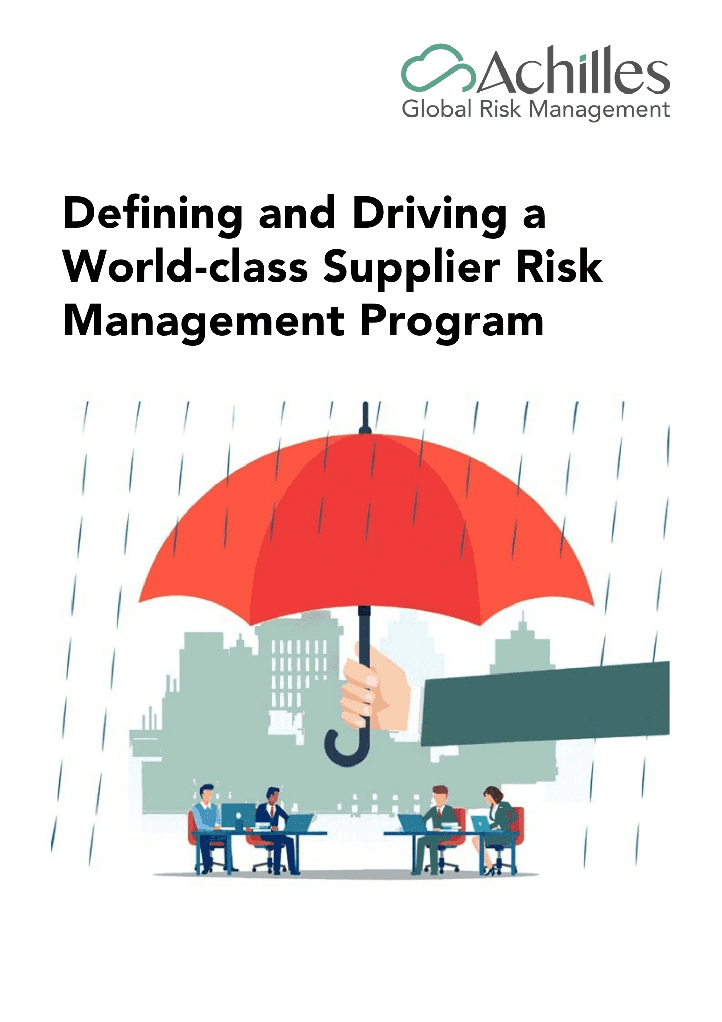 arm holding a red umbrella in a rain shower over a group of professional sat at desks. Whitepaper title and achilles logo above