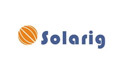 Solarig logo - orange ball and the word Solarig in blue type
