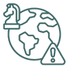 a globe with a chess piece on it and a warning sign