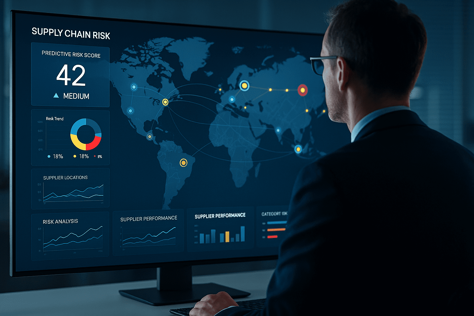analytics. screen with a risk map and analytics dashboard. a man is looking at the screen