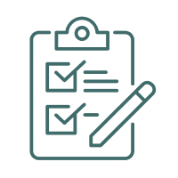 Notebook icon in dark green with a pencil ticking items off a list
