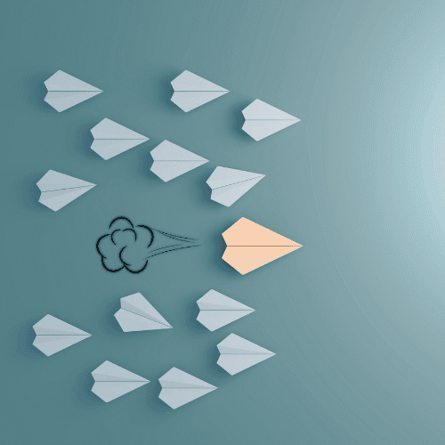 White paper airplanes clustered around yellow plane representing trust