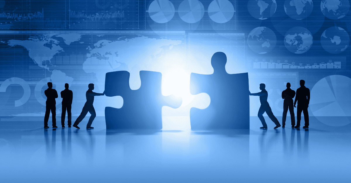 a blue background, six people pushing together a puzzle piece highlighting teamwork