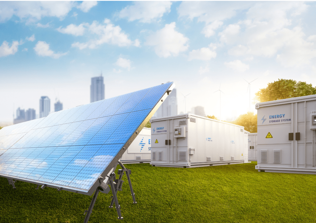 solar panels on a grassy field with a city in the background