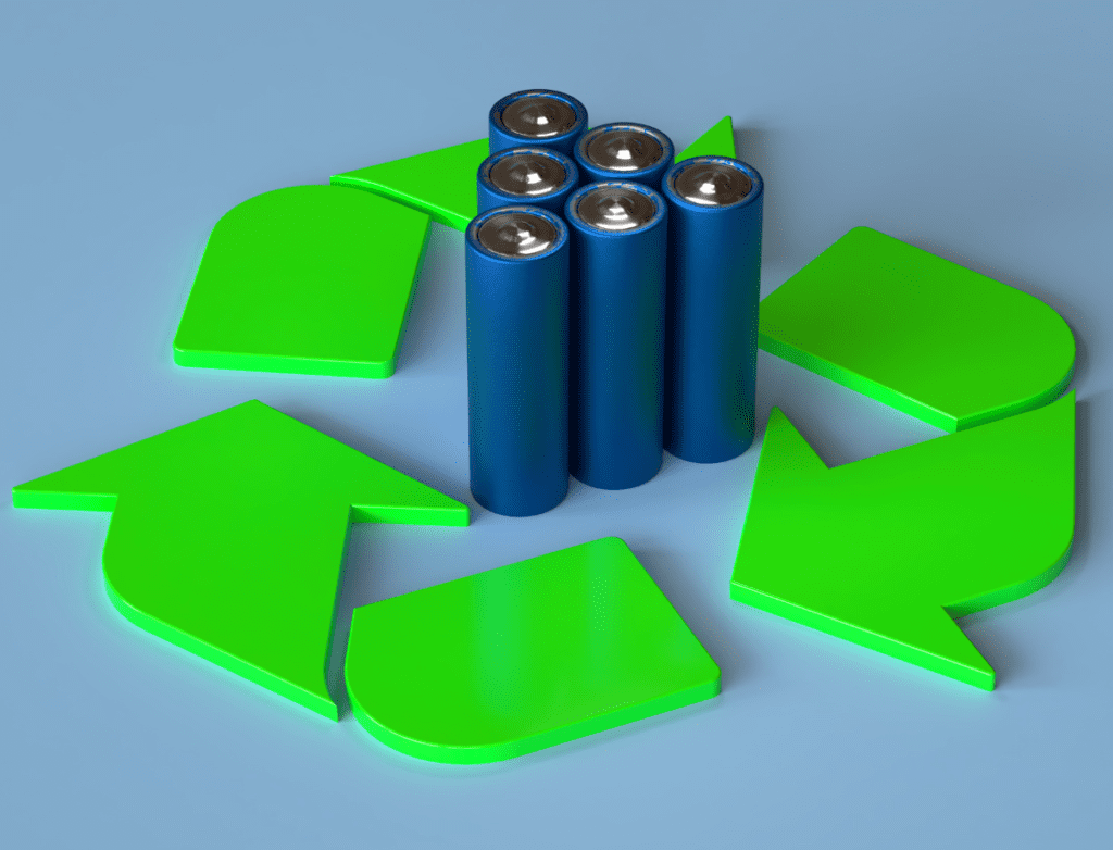 batteries are arranged in a recycling symbol on a blue background