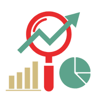 green, gold and red icon with bar chart, pie chart and magnifying glass