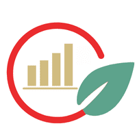 red circle icon with a green leaf and gold bar chart in the centre