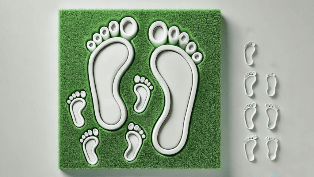 Foot prints on a green mat with a pair of scissors next to them